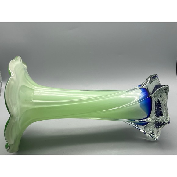 Bright Green Art Glass Vase Bud Flower Trumpet Blue Base Swirl 9.5 Inch - Picture 8 of 8
